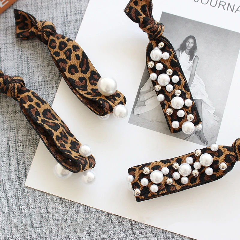 Korea Fashion Hair Ties Women Retro Leopard Pearl Elastic Hair Bands Rainbow Stripes Personality