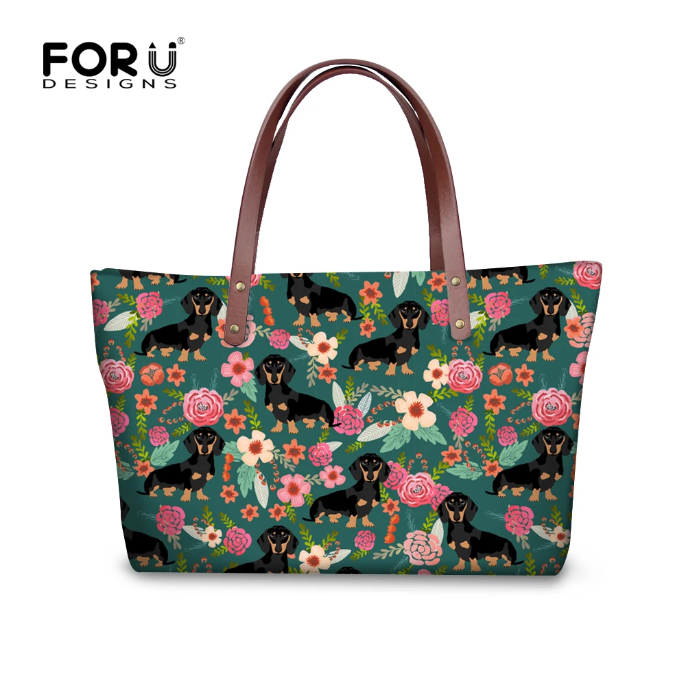 

FORUDESIGNS Designer Women Bags Dachshund Floral Printing Handbags For Teen Girls Travel Beach Totes Ladies Best Gifts Mochila