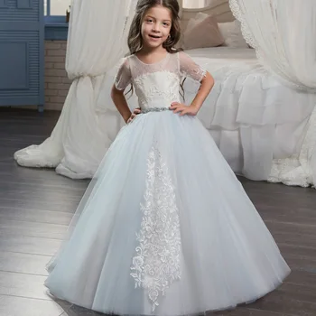 

Gorgeous Sheer Neck Beading Lace Up Flower Girl Dresses For Wedding Crystal Girls First Communion Gowns Special Occasion Dresses