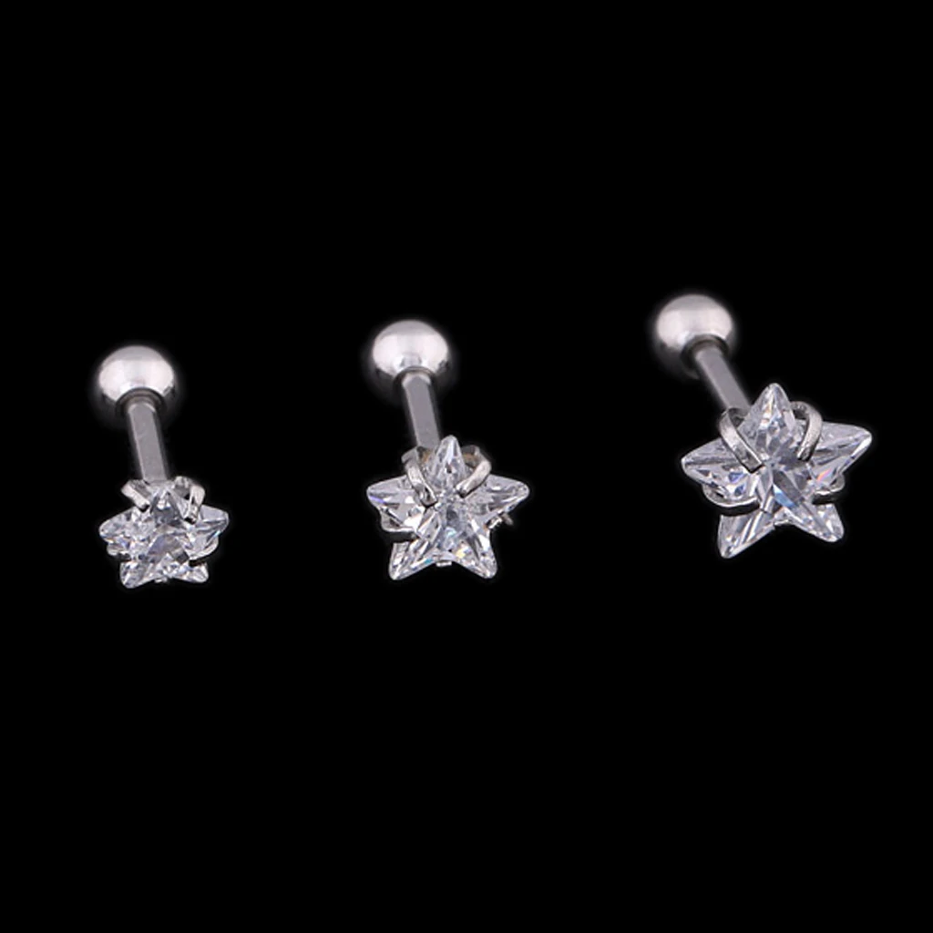 

set of 3-size 316L Stainless Steel Star Clear Round Zircon Piercing Studs for Lip Chin Tragus Helix and Other 1.2mm Piercings