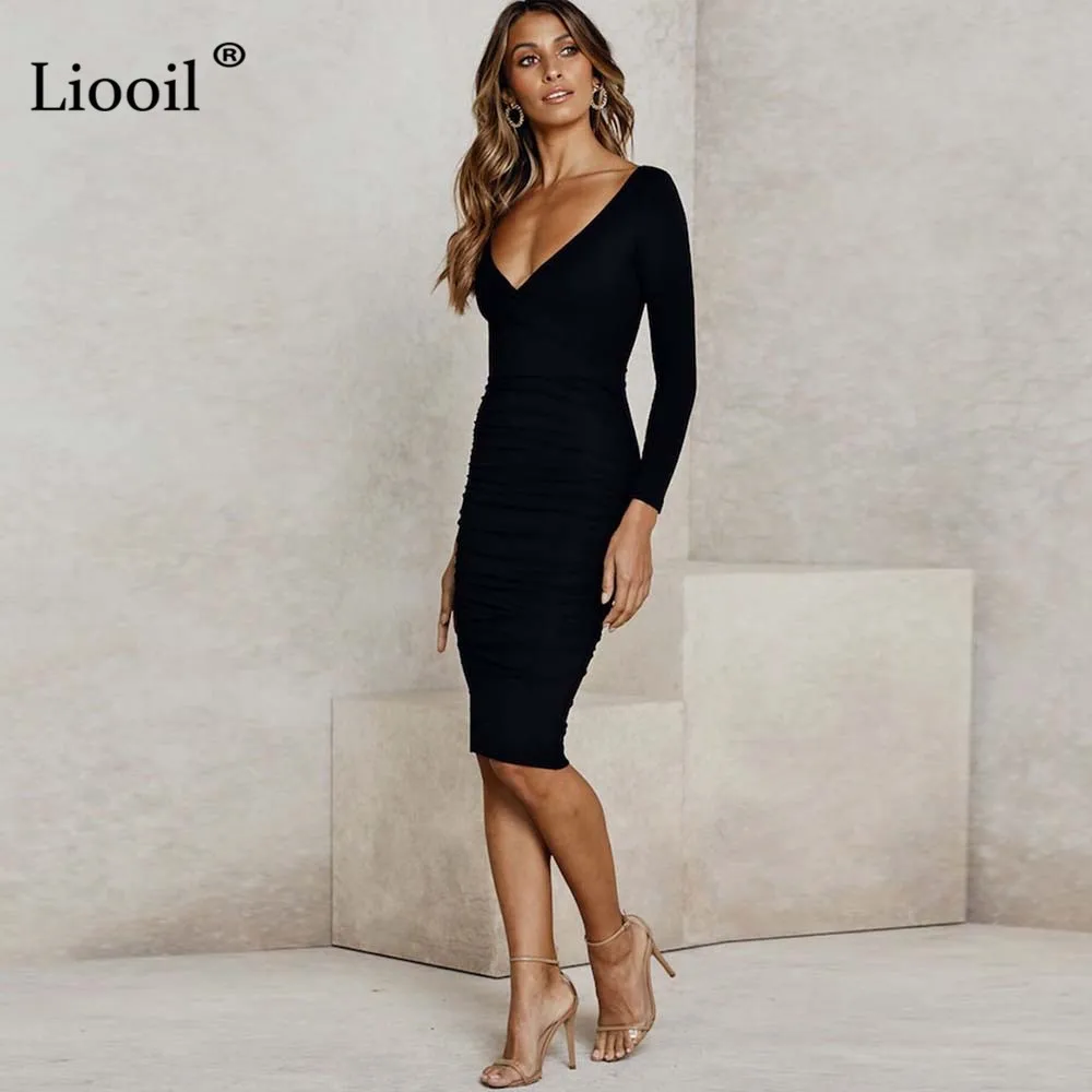 Liooil Fall Sexy V Neck White Midi Bodycon Dress Women Autumn Winter Stretchy Long Sleeve Club Party Tight Fitted Dresses