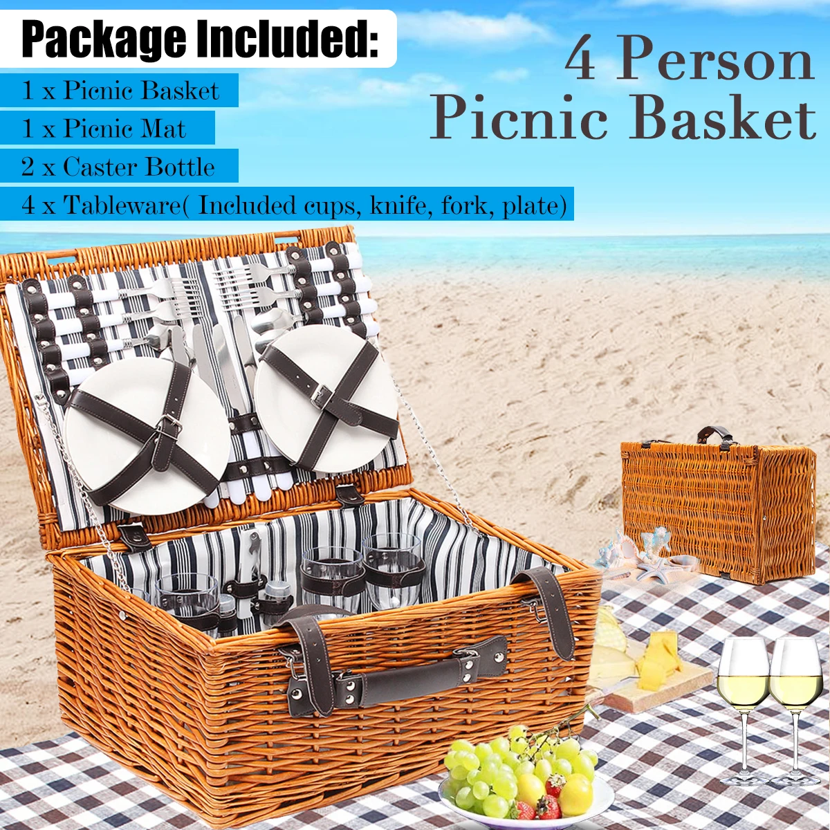 

4-Person Picnic Food Drink Wicker Basket Set Outdoor Trip Travel With Picnic Mat /Tableware Set Camping Picnic Party Accessories
