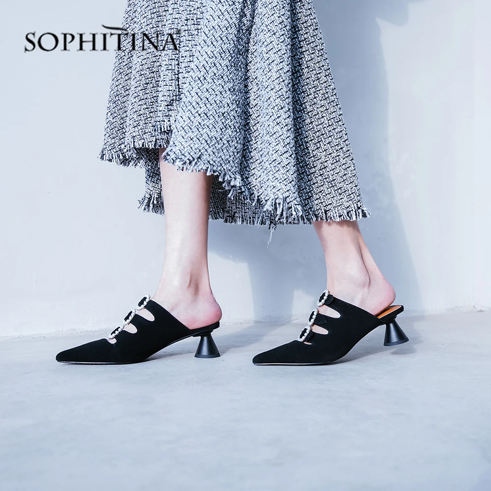 

SOPHITINA Lady Outside Women's Slippers High Quality Genuine Leather Fashion Metal Decoration Shoes Spike Heels Slippers SO99