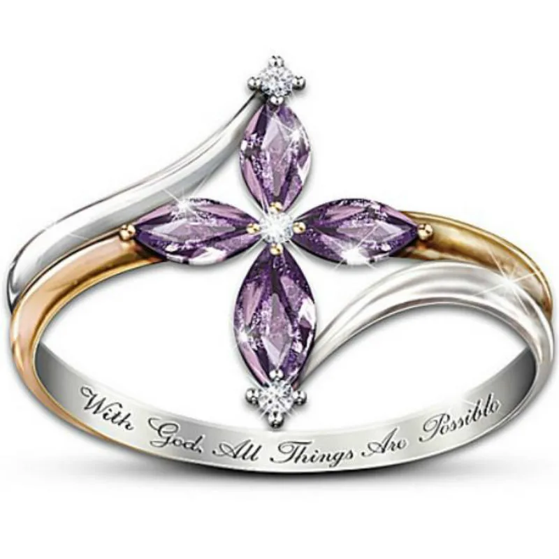 Изысканные блестящие женские ювелирные кольца фиолетовый кубический циркон крест, оформленный цветами из золота двух цветов Двухслойное кольцо обручальные вечерние кольца