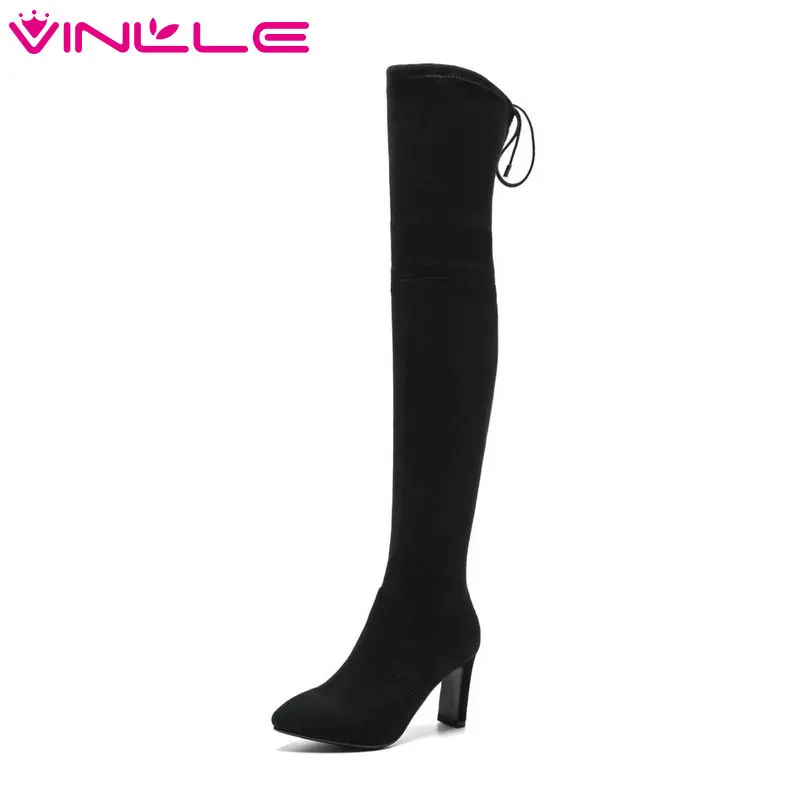 

VINLLE 2019 Elegant Winter Shoes Woman Over The Knee Boots Thin High Heel Lace Up Black Ladies Motorcycle Boots Size 34-39