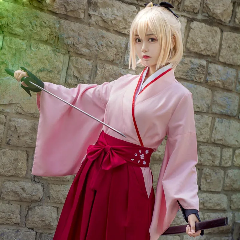 

Fate Grand Order Okita Soji розово-красное кимоно Косплей Костюм Кимоно Saber одежда, костюм на хеллоуин для женщин и девочек