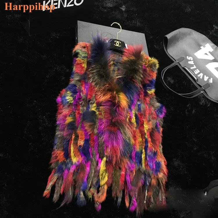 Fashion Womens Real Knitted Rabbit Fur Vests with Raccoon Fur