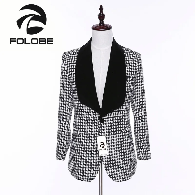 Folobe New Stock Wool Mens White and Black Plaid Suits Vintage Formal