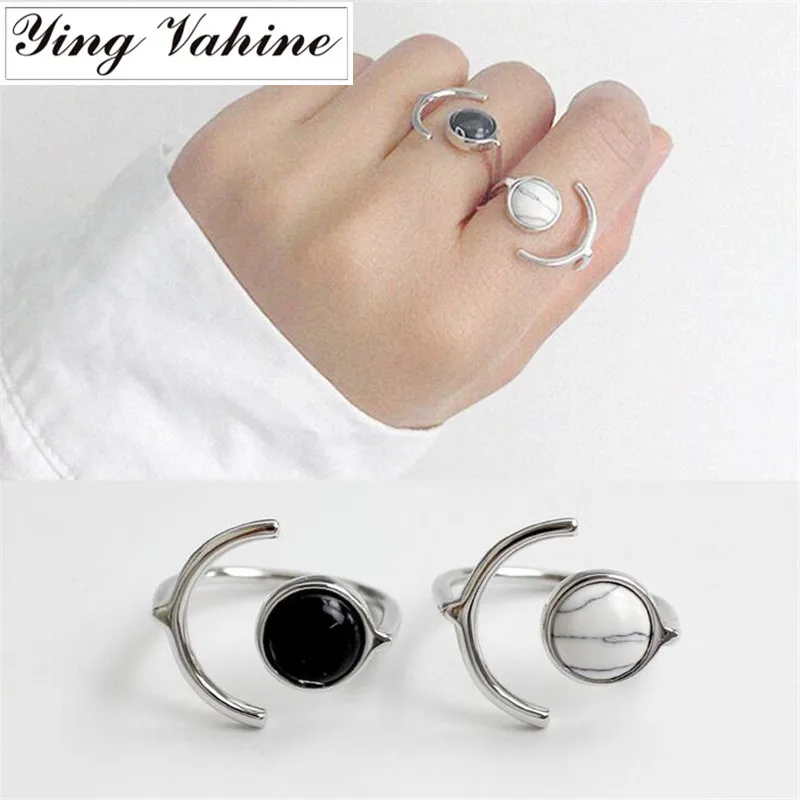 

100% 925 Sterling Silver Jewelry Chic Round Black and White Stone Creative Open Rings for Women bijoux en argent 925