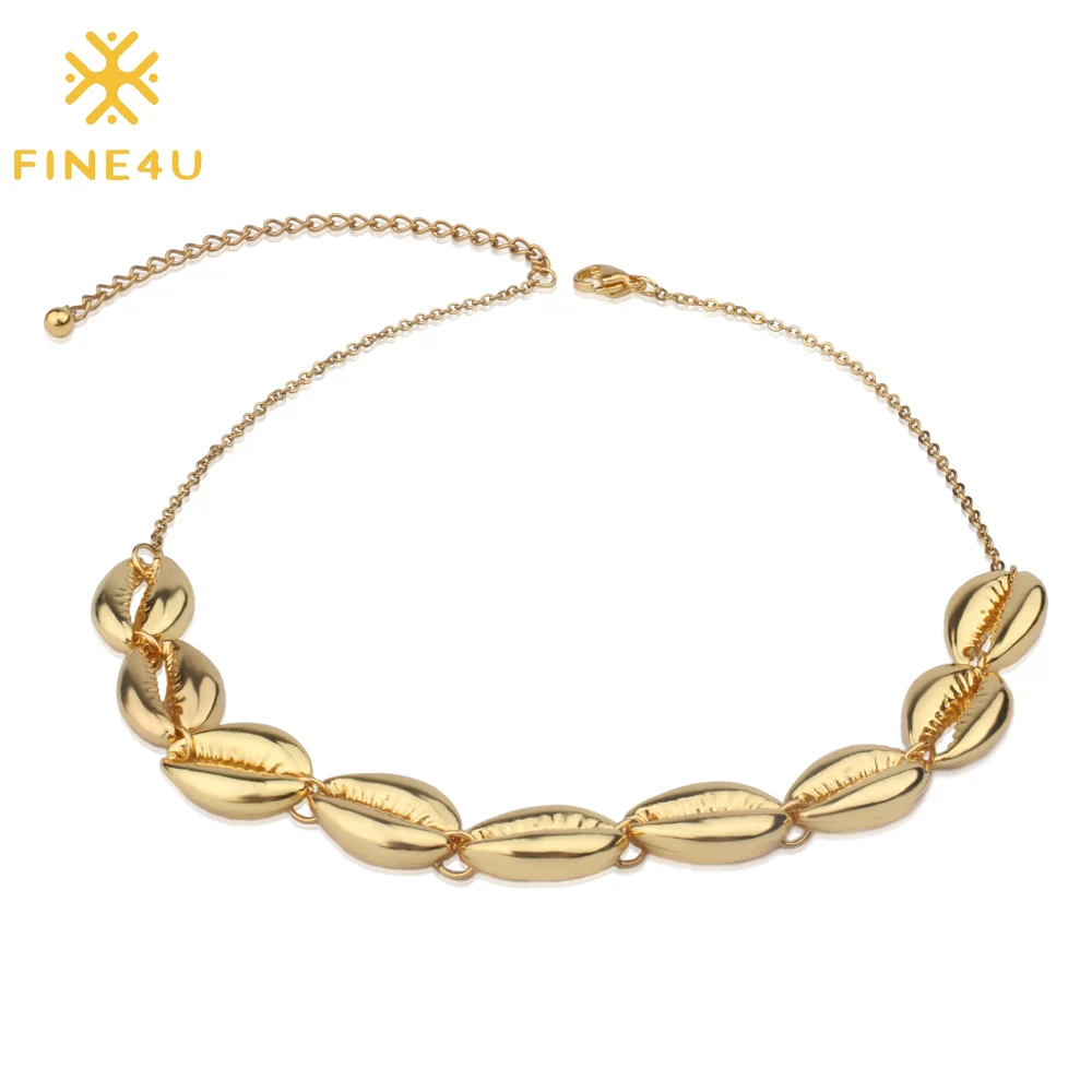 

FINE4U N253 Bohemia Beach Jewelry Sea Shell Chokers Necklace Adjustable Stainless Steel Chain Necklace For Women Girl Gifts