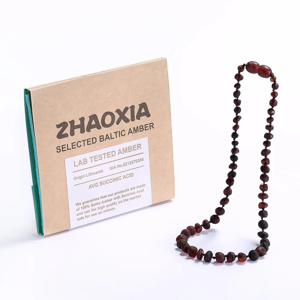 

Baltic Amber Teething Necklace for Baby(Cherry Raw - UnPolished) - Handmade in Lithuania - Lab-Tested Authentic - 3 Sizes