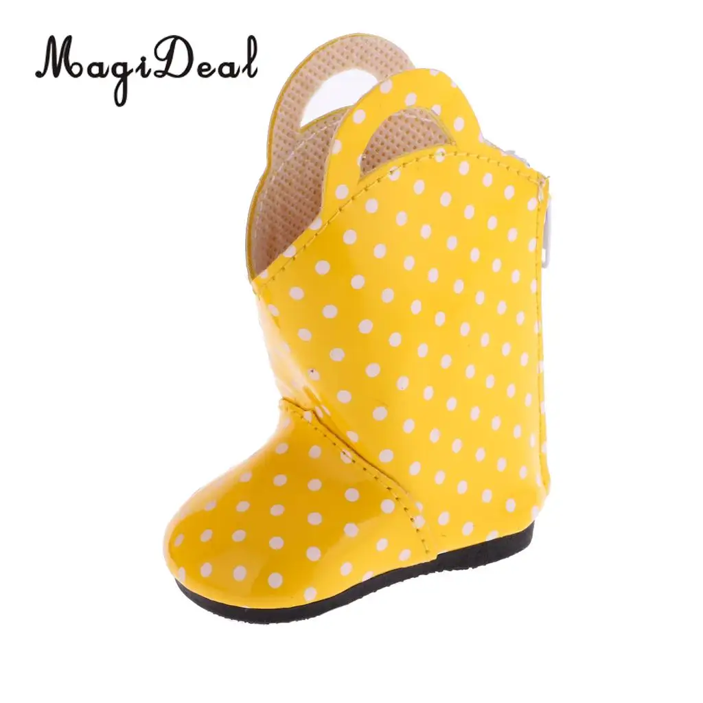 MagiDeal 1 Pair PU Leather Yellow Dots Zipper Back Boots Shoes for 18 Inch   Dolls Baby Outdoor Rain Wear Accs