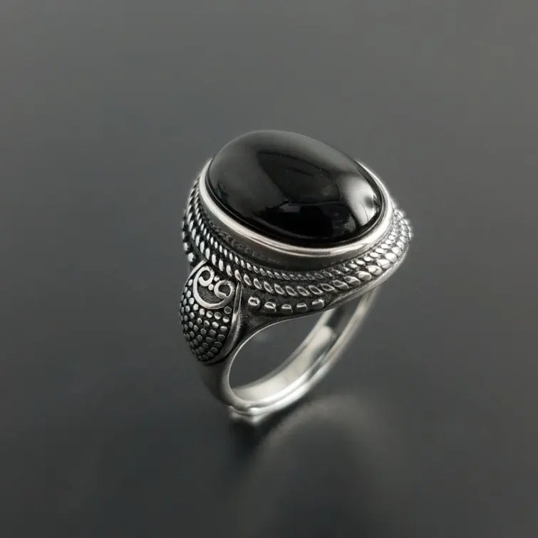 

Vintage Solid Silver 925 Oval Natural Black Onyx Stone Rings Men Women Cute Owl Cuff Band Real 925 Sterling Silver Jewelry Gifts