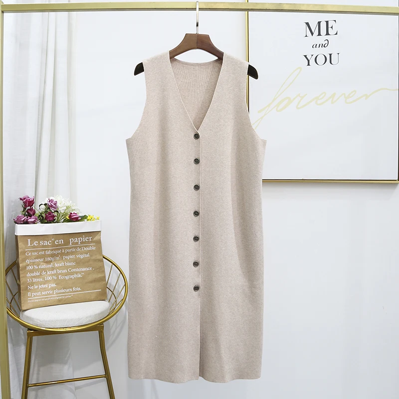 Womens Medium Long Knitted Vest Sweater Dress Plus Size Casual Loose Fall and Winter V Neck Jacket Sleeveless Outerwear Clothing