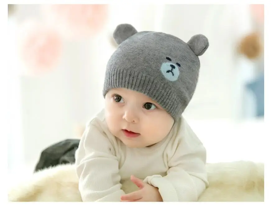 Зимняя детская хлопковая шапка с рисунком медведя, Младенческая шапочка, теплая вязаная шапка с ушами для 0-12 месяцев, bebe