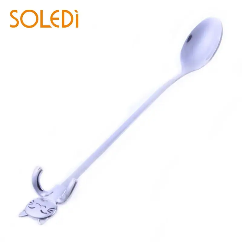 Cute Cat Pig Monkey Teaspoons Stainless Steel Cartoon Cat spoons Ice Cream Dessert Long Handle Coffee&Tea Spoon Tableware - Цвет: Cat spoon