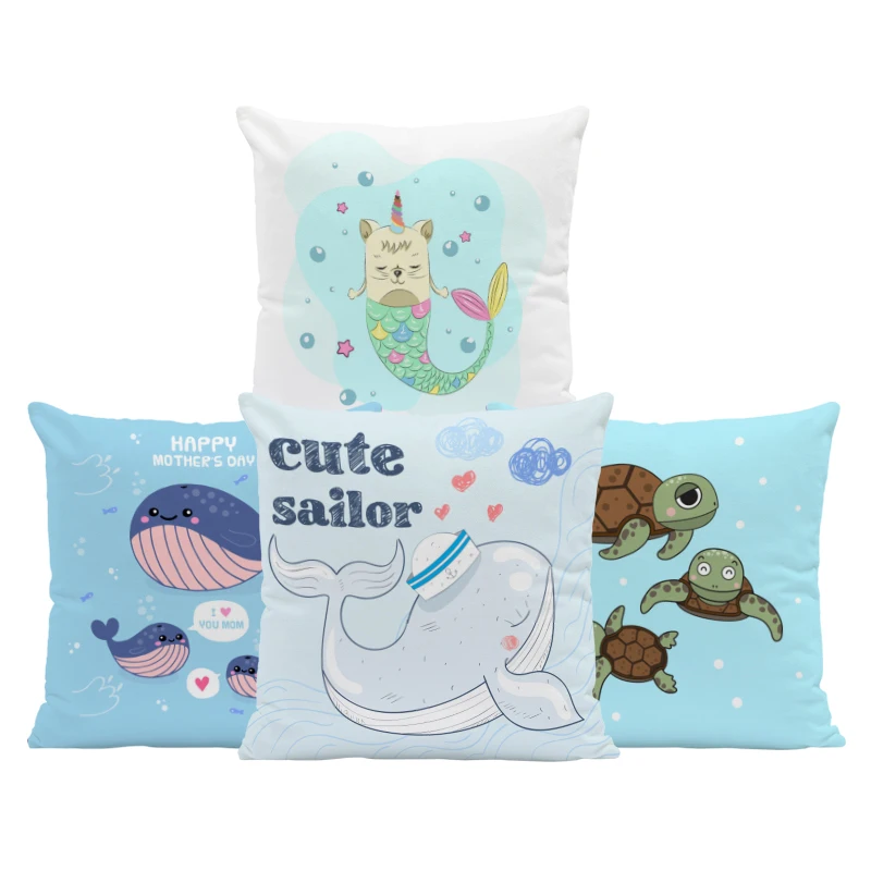 

Cartoon Cute Pillowcase Blue Ocean Whale Sea Turtle Geometry Pillow Living Room Sofa Small Peach Skin Decoration Cushion Cover