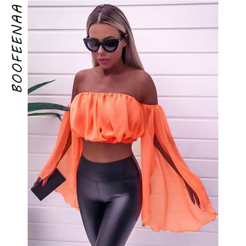 

BOOFEENAA Womens Tops and Blouses Neon Green Orange Chiffon Sexy Off Shoulder Flare Sleeve Crop Top Beach Party Shirts C70-I40