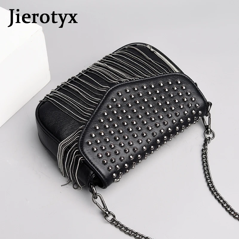 Женская сумка Кроссбоди JIEROTYX Черная Кожаная мини на плечо с бахромой и цепочкой