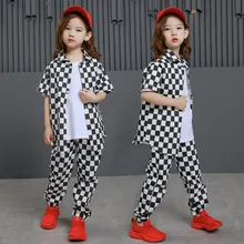 Девушки Одежда в клеточку корейская детская футболка с коротким рукавом и брюки из двух частей Комплект одежды для девочек-подростков 12 13 14 15 16 лет