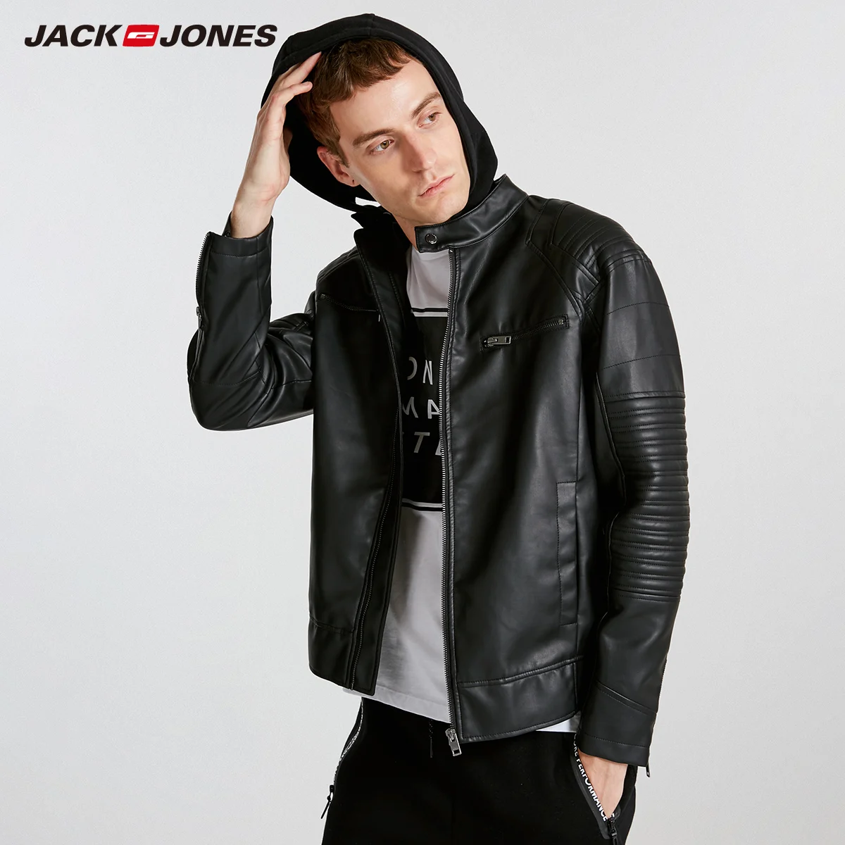 JackJones мужская куртка из искусственной кожи с капюшоном приталенное повседневное