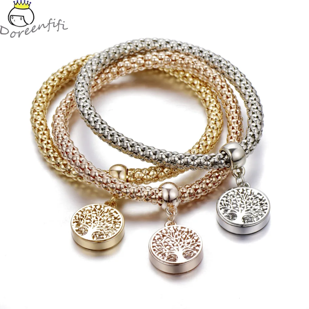 

3pcs/set Life Tree Charm Bracelets for Women Gold Rose Gold Silver 2019 Ethnic Love Heart Butterfly Crystal Bracelets & Bangles