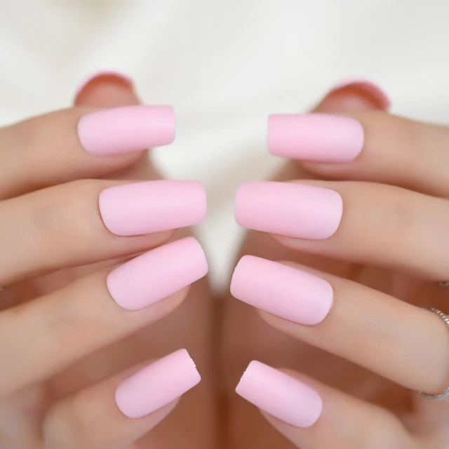 24pcs Light Pink Matte Pre designed Nail Simple Design Long Flat Candy ...