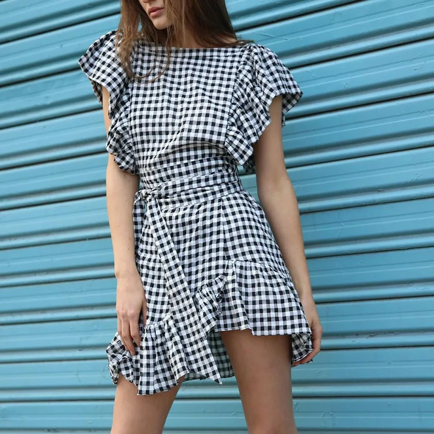 

Plaid Dress Women Bow Tie Summer Spring Mini Dresses Female Butterfly Sleeve Ruffled Tunic Gingham Check Streetwear Cotton
