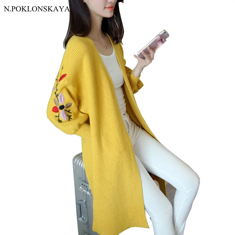 

2018 Long Knit Cardigan Autumn Winter Women Loose Pocket Embroidery Oversized Sweater Jacket Outwear Coat Open Stitch Poncho