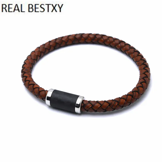 Real Bestxy Genuine Leather Bracelet for Men Vintage carbon fiber clasp ...