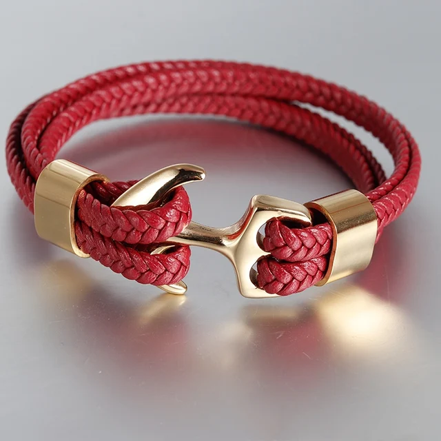 7 Colors Stainless Steel Men Bracelet Red Genuine Leather Gold Silver