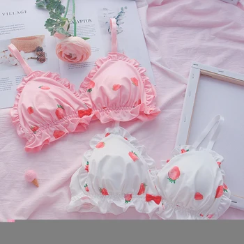 

Lovely pink strawberry soft underwear suits for lolita express sister small chest melting of students without rims bra
