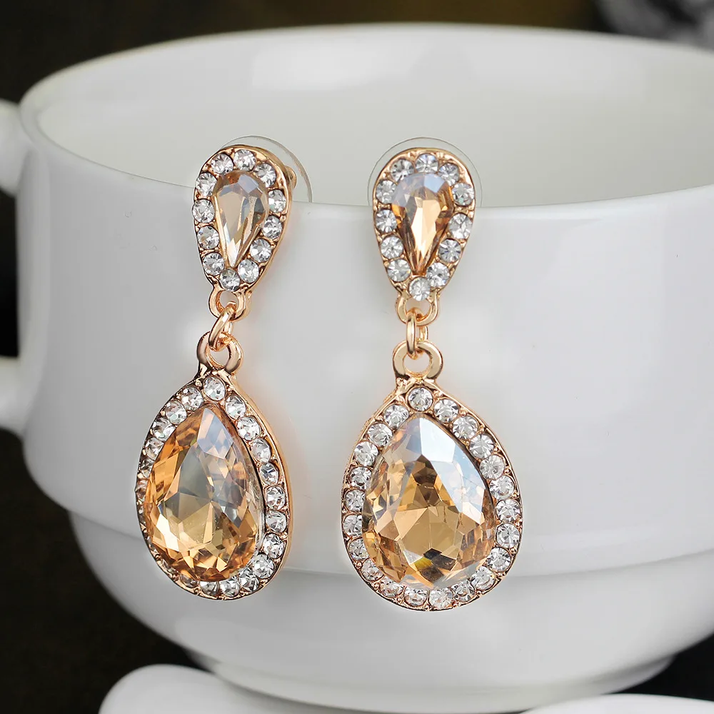 Champagne Dorado Cristal Diamante Estrás Pendientes Colgantes De Noche De Novia De Gota