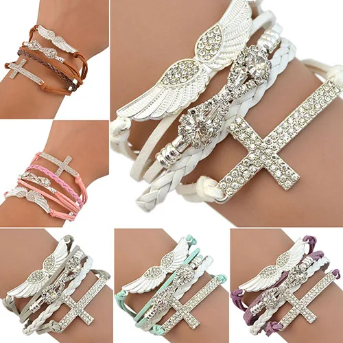 

Hot! Women's Angel Wings Cross Rhinestone Braid Faux Leather Alloy Cuff Bangle Bracelet