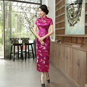 

Women HOT Pink Traditional Chinese Satin Dress Plus Size XXXL Long Flower Cheongsam Sexy Sheath Qipao Short Sleeve Vestidos