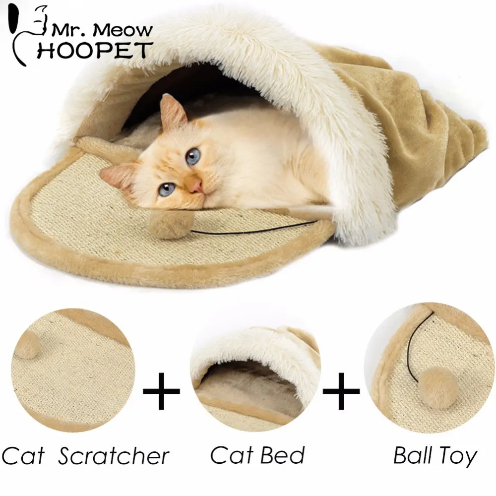 

Hoopet Soft Cat Bed with Scratch Board and Sherpa Ball Toy Kitten House Pad Post Interactive Toy for Pet Sleeping