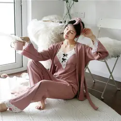 Lisacmvpnel Осенняя новая Пижама женская хлопковая трехсекционная с длинным рукавом Корейская Пижама комплект