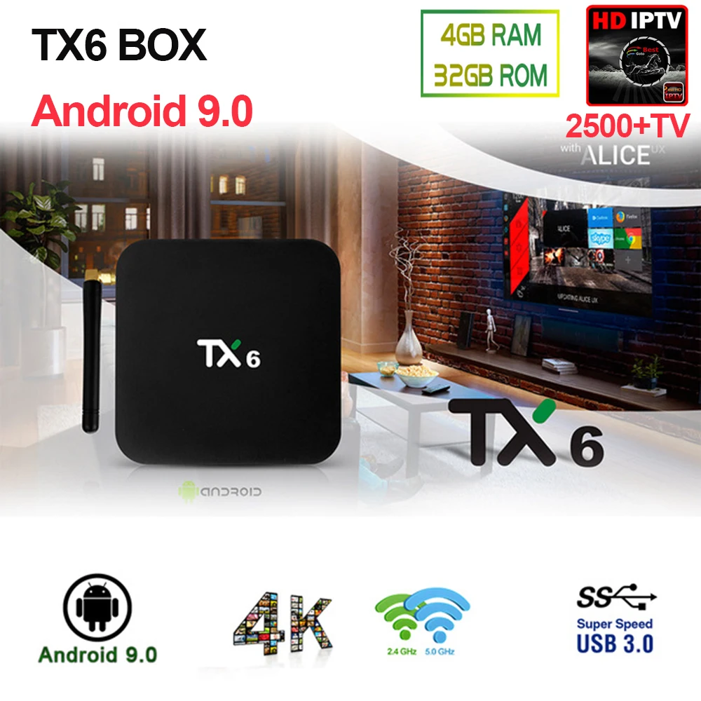 

Newest Android 9.0 TX6 IPTV BOX 4G 32G double wifi 2.4G/5G BT 4.1 top box support 2500+Spain/NL/Italy/French Europe IPTV pk KM9