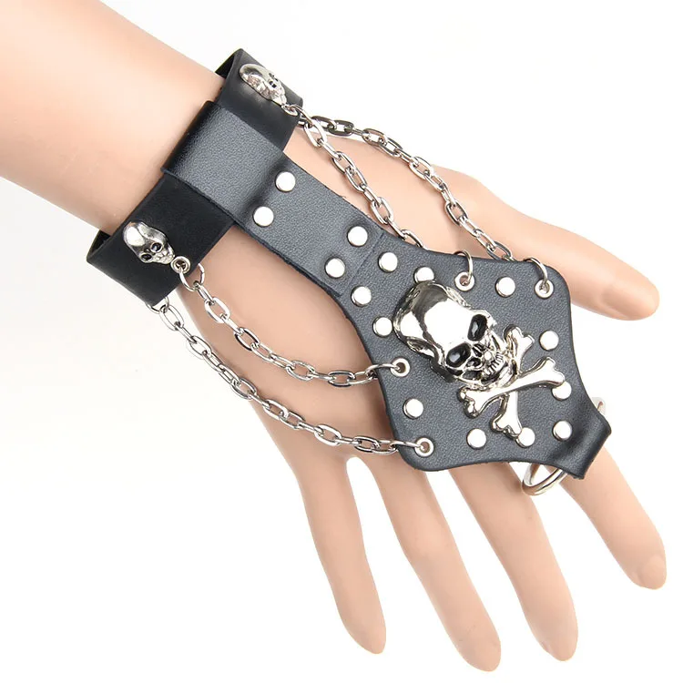 

Gothic Skeleton Rock Punk Rock Gothic Skeleton Skull Hand Glove Chain Link Wristband Bangle Biker Wide Genuine Leather Bracelet