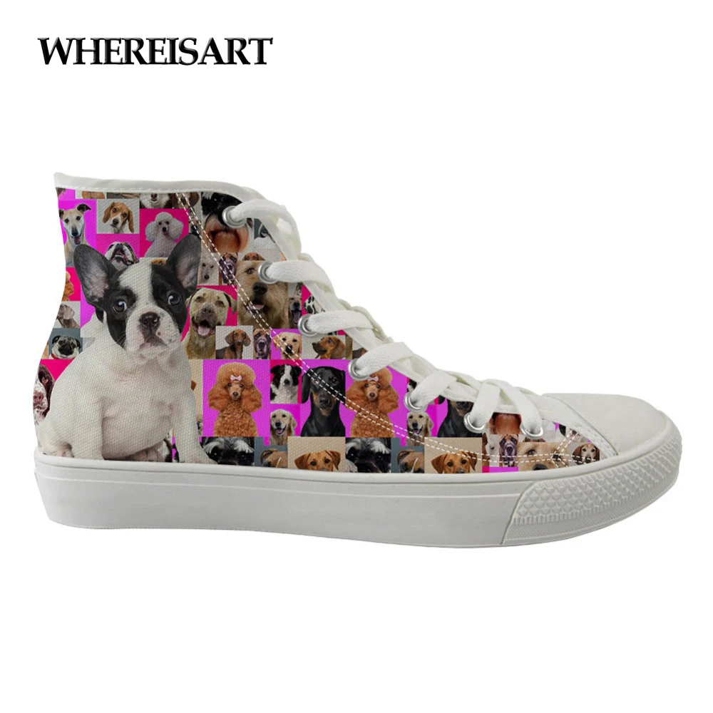 

WHEREISART Pink Sneakers Flats Women 2019 Animal Dog Boston Terrier Fashion Design High Top Women's Sneakers Canvas Vulcanized