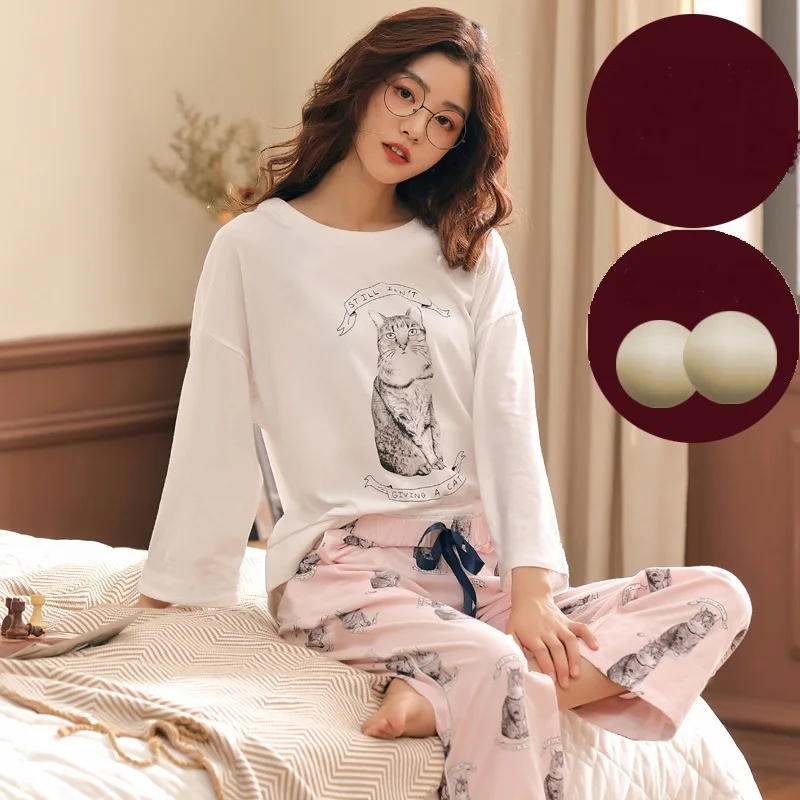 

New Autumn Winter Women Pajamas Set Modal Pyjamas With Chest Pad Long Sleeve Round Neck Casual Big Size M-XXL Woman Clothes