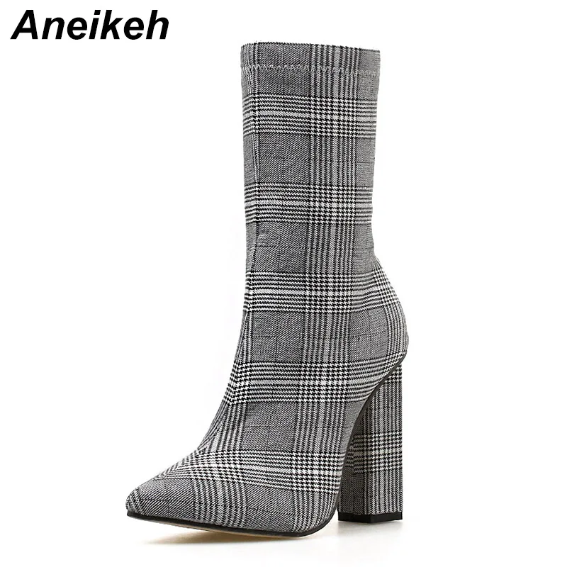 Aneikeh; Модные ботильоны с эластичными носками на высоком массивном каблуке; женские пикантные эластичные ботиночки с острым носком; ботинки «Челси»