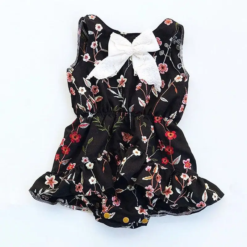 Summer Newborn Baby Girls Bodysuits Floral Bowknot Black Bodysuit