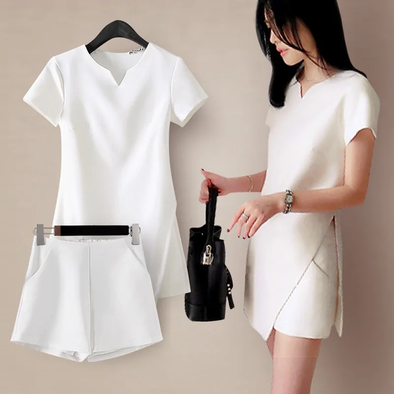 

Two Piece Set Women Fashion Solid Color Side Split Dress + Pockets Shorts Women Casual 2 Piece Set Female Black White Slim Sets