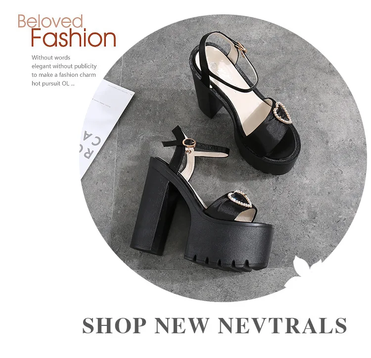 G-sparrow 14CM Comfortable Platform High Heels Thick Buckle Diamond Sandals Female Red Wedding Shoes Summer 2018 New Black38