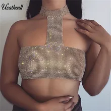 Ucatheall сверкающий кристалл алмаза укороченный топ летний пляжный с бретелью-петлей пикантные Обёрточная бумага топа; вечерние футболка Для женщин Топ