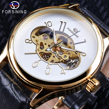 

Forsining Skeleton White Golden Display Luminous Hands Men's Mechanical Wristwatch Transparent Case Openwork relogio masculino