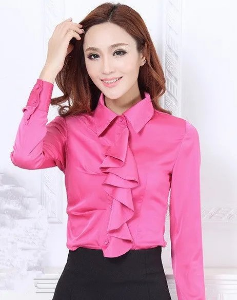 Red Black White Pink Women Fashion Office Blouse Smooth Satin Blouse