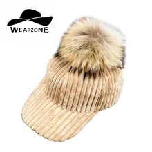 Женские бейсболки зимние грубые вельветовые съемные волосы мяч шляпа действительно шерсть енота мяч съемные бейсболки