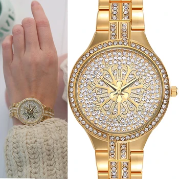 

2020 fast shipping women metal band watch top brand luxury white & gold color quartz luxury brand lady crystal watches